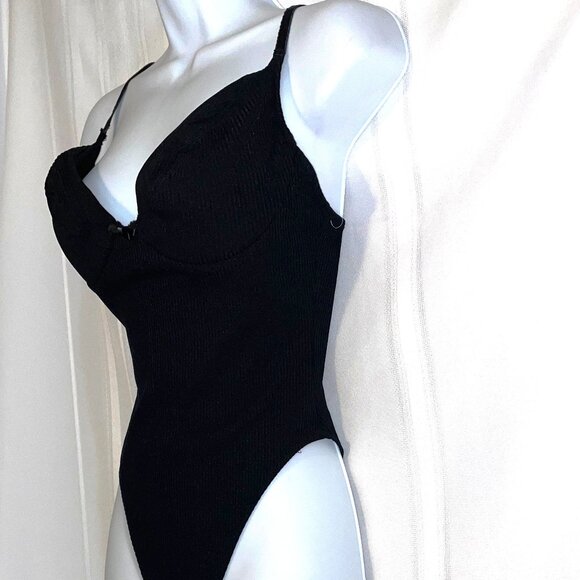 Vintage APPEL Black Ribbed Bodysuit Firmware Size 38B / 36C - Picture 3 of 7